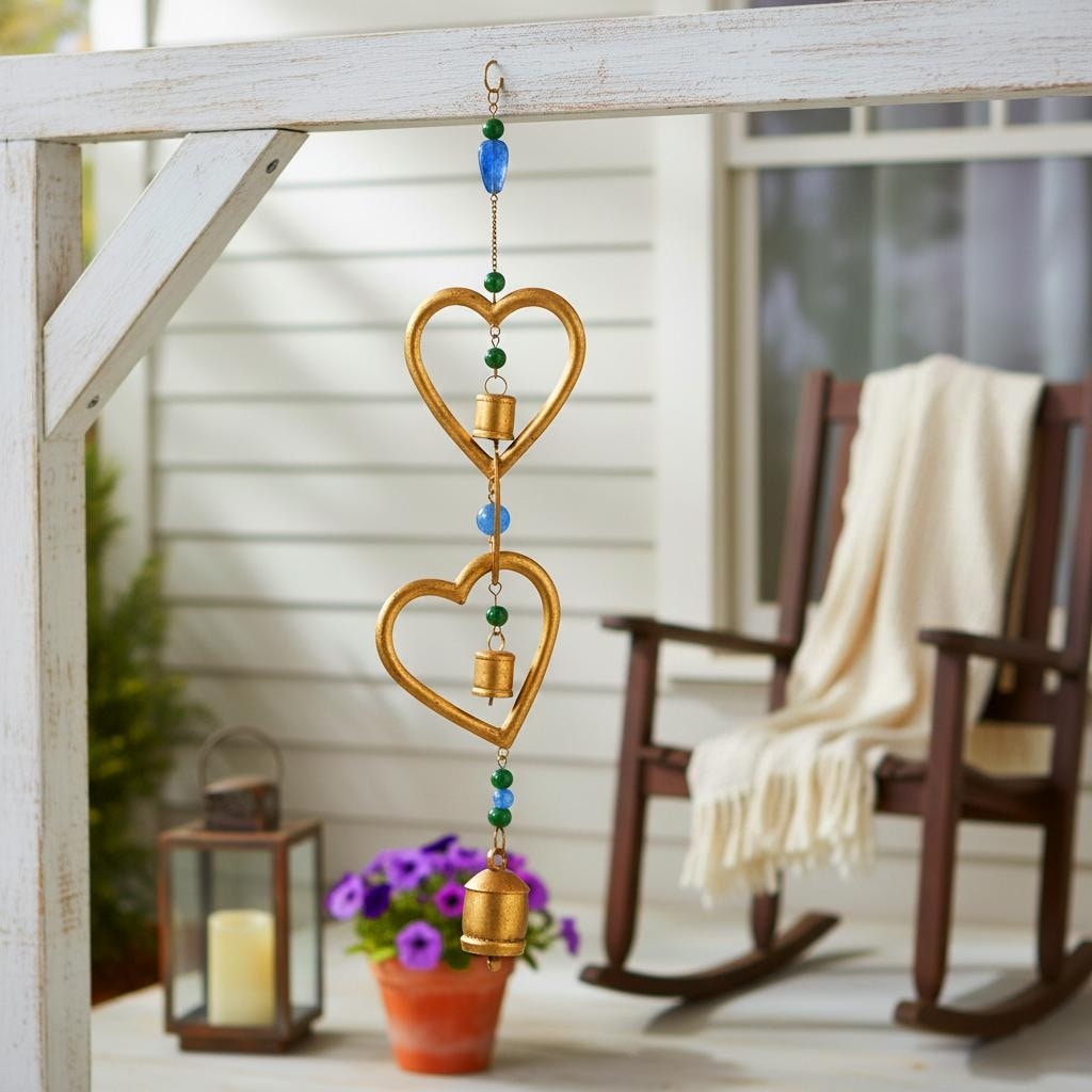 Decorative Heart Windchime with Bell for Patio Art - 39", Gold & Blue - 39.0"