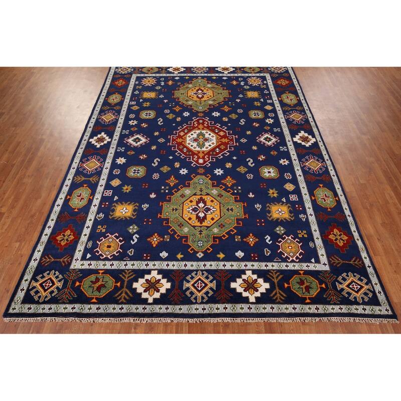 Navy Blue Geometric Kazak Oriental Area Rug Handmade Wool Carpet - 8'8" x 11'11"