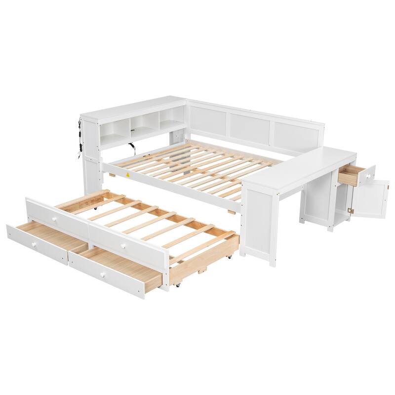 GDFStudio - Multifunctional Full Size Daybed with Storage, Desk, LED & Charging Station