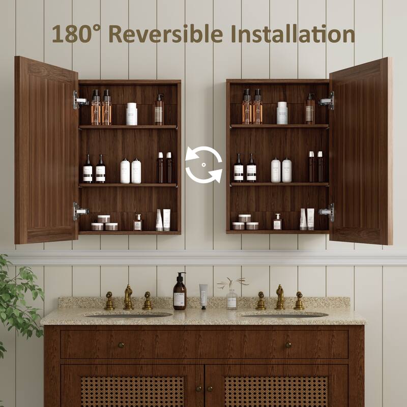 Wood Medicine Cabinet with Mirror, Adjustable Shelves, Walnut, Recessed/Wall Mount