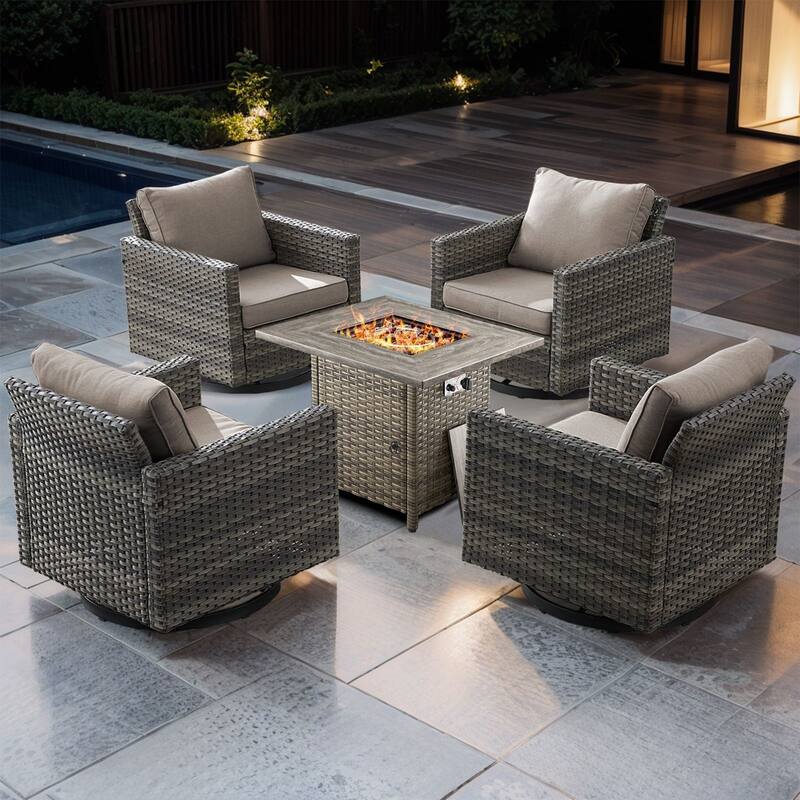 5 Pieces Fire Pit Table with Outdoor Swivel Chairs - Gray Wicker - Gray cushion