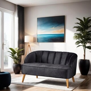 Black Velvet Shell-Back Loveseat with Birch Wood Legs and Channel ...