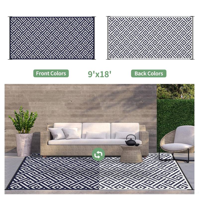 Reversible Charcoal Geometric Flat-Weave Recyclable Outdoor Rug