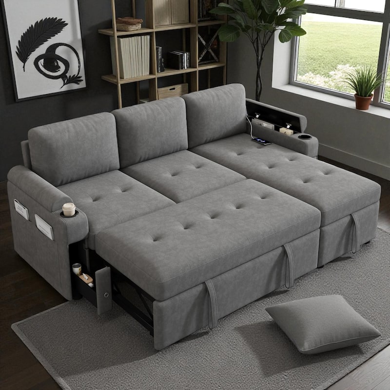 83.5" L-Shaped Convertible Sectional Sofa Bed with Storage Chaise Cup Holders USB Ports Chenille Couch for Living Room
