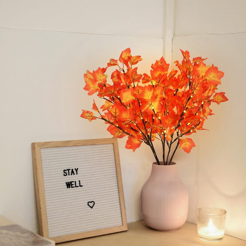 LED Artificial Flower Branch Lights Battery Powered Decor Lights for Home Shop Vase Room Wedding Christmas Party - 2PCS - Mapleleaf