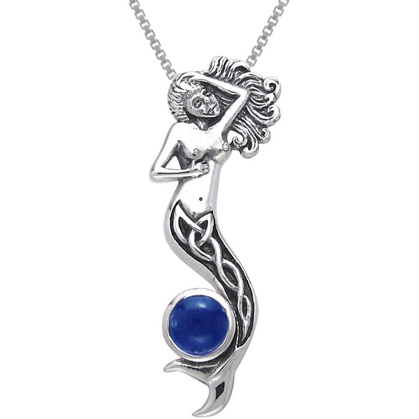Sterling Silver Celtic Sea Mermaid Pendant with Created Blue Sapphire Necklace. Opens flyout.