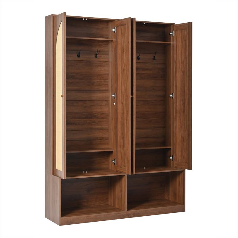55.1" Wide Farmhouse Hall Tree - 4 Rattan Doors & 6-Hook Entryway Bench - Mid-Century 4-in-1 Shoe Cabinet with Adjustable Shelf