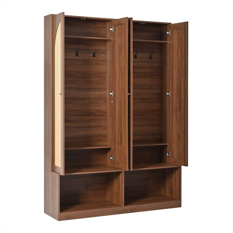 Farmhouse Widen Hall Tree with 4 Rattan Doors, Versatile 4-In-1 Seating Bench with 6 Hooks, Mid-Century Entryway Shoe Cabinet