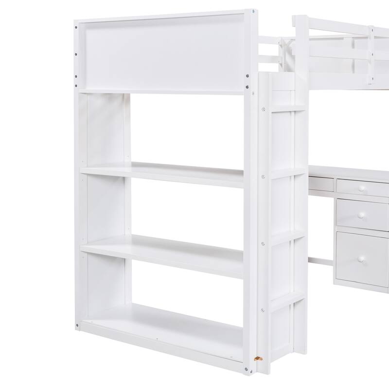 Multifunctional Twin Size Loft Bed with Built-In Desk, Storage Drawers and Shelves, Pine Wood Frame with Safety Rails and Ladder