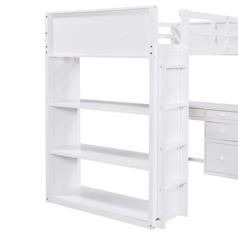 Space-Saving Twin Loft Bed with Ladder, Shelves, and Desk in White