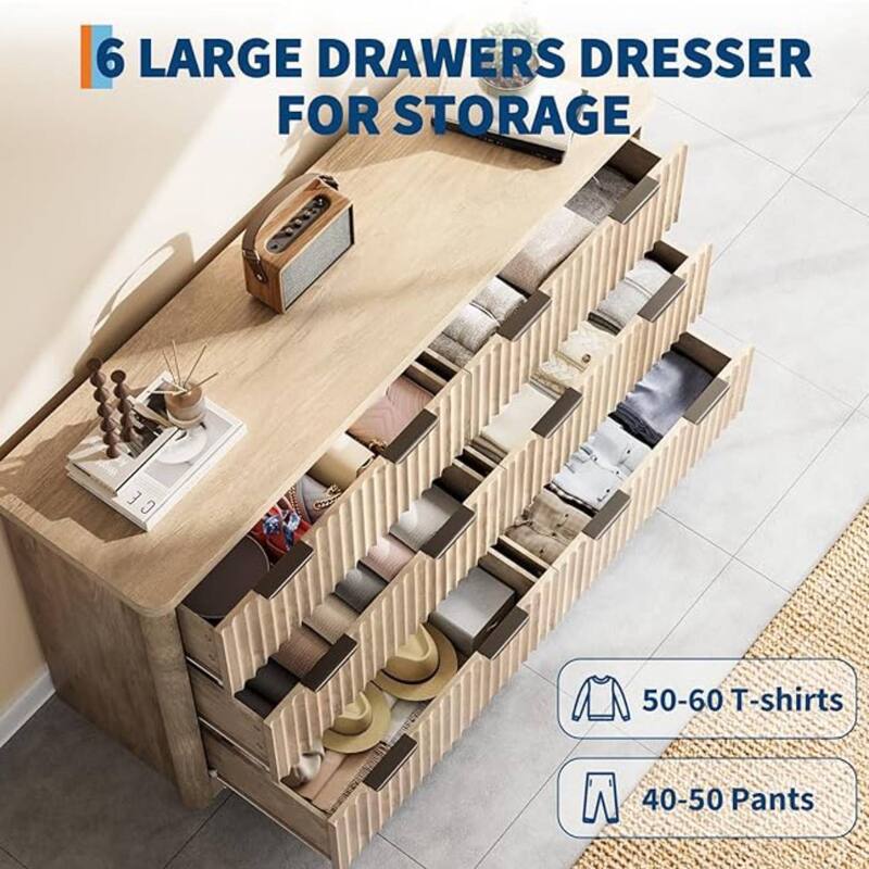 6 Drawer Fluted Dresser for Bedroom, Living Room, Hallway