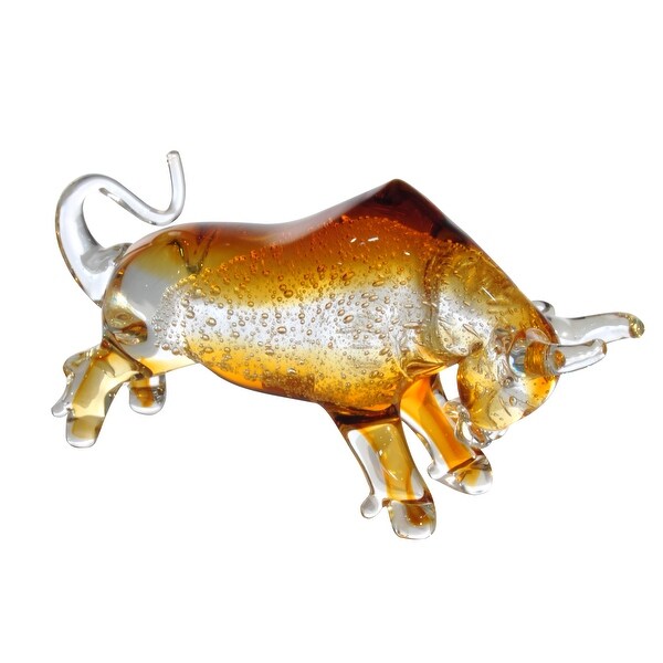 11" Amber and Clear Brody the Bull Hand Blown Art Glass Figurine - N/A