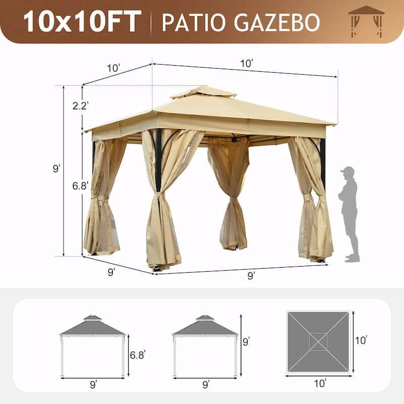 Outdoor Gazebo Tent with Double Roof, Mosquito Netting & Privacy Screens