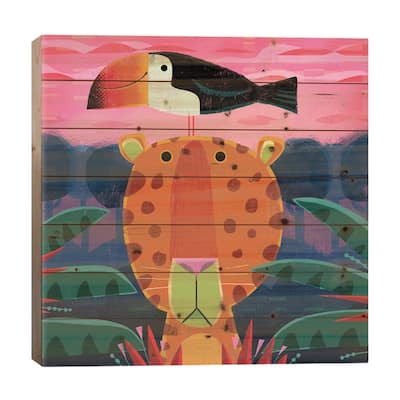 Leopard With Pesky Toucan Print On Wood by Gareth Lucas - Multi-Color
