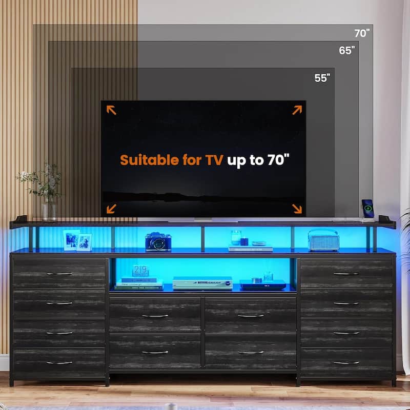 TV Stand 65 70 Inches TV LED Lights Power Outlets Storage Drawers