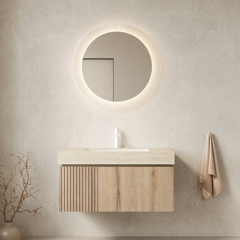 30"/36"/48" Wall-Mounted Bathroom Vanity with Ceramic Sink, Sintered Stone Countertop Floating Bathroom Storage Cabinet - Beige,White Oak - 36 Inch