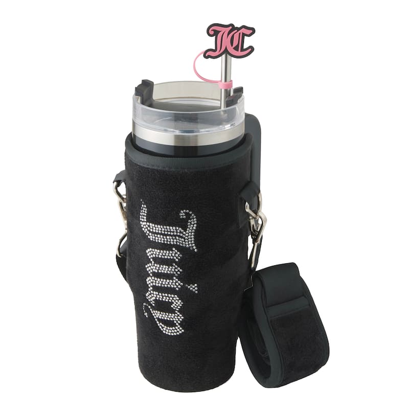 Juicy Couture Jetsetter Hydration Stainless Steel Tumbler with Handle, Straw & Topper with Velour Crossbody Pouch
