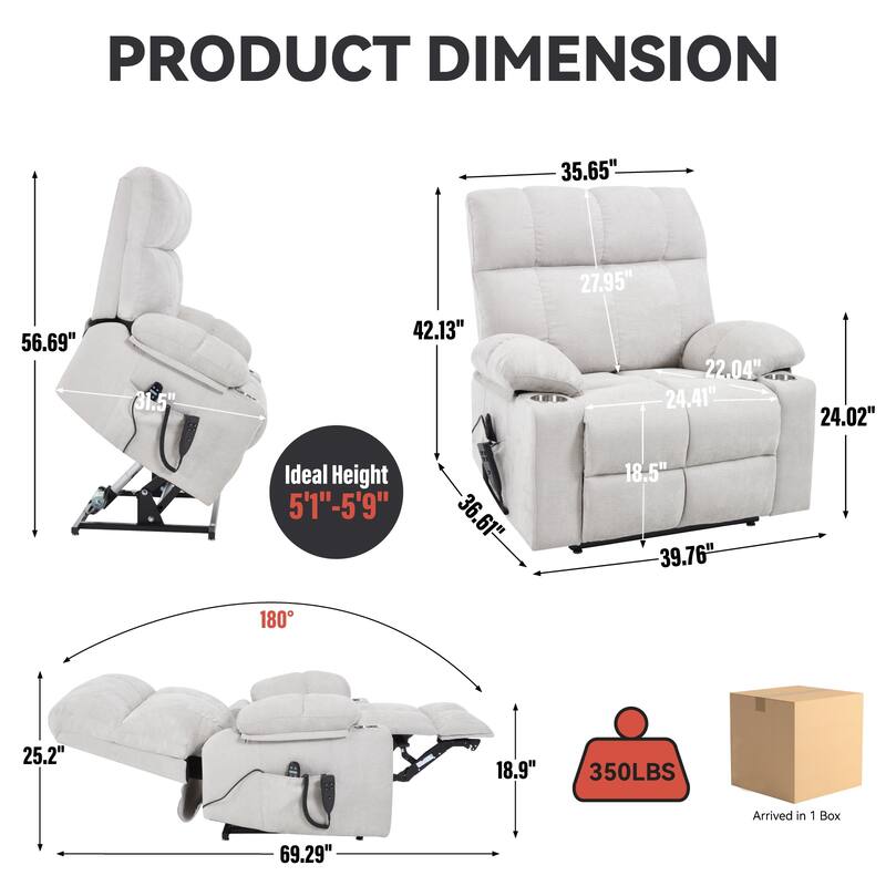 Dual Motor Power Lift Recliner Chair - 350 LB Capacity, Infinite Position, with Massage & Heating in Chenille Fabric