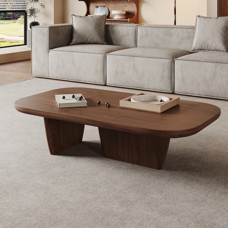 51" Modern Coffee Table with Two Legs,Solid Wood Veneer, Retangular Coffee Table for Living Room - Brown - Wood