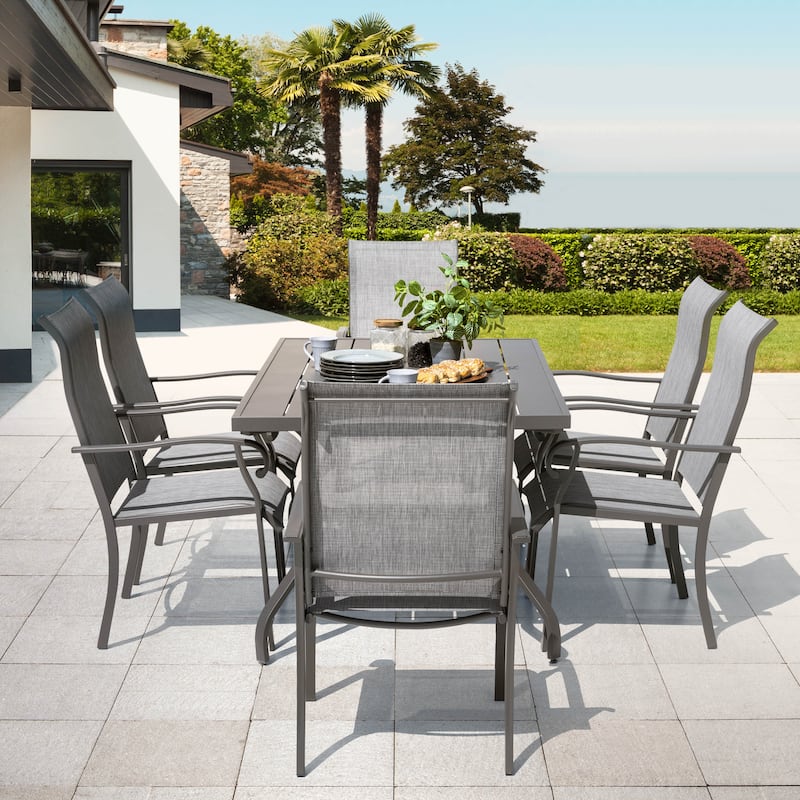 7-Piece Outdoor Patio Dining Set, 61" Long Iron Table, 6 Textilene Chairs
