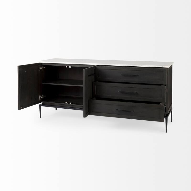 Divina Dark Brown Wood w/ White Marble Top and Black Metal Base Sideboard - 71.0L x 18.5W x 32.0H