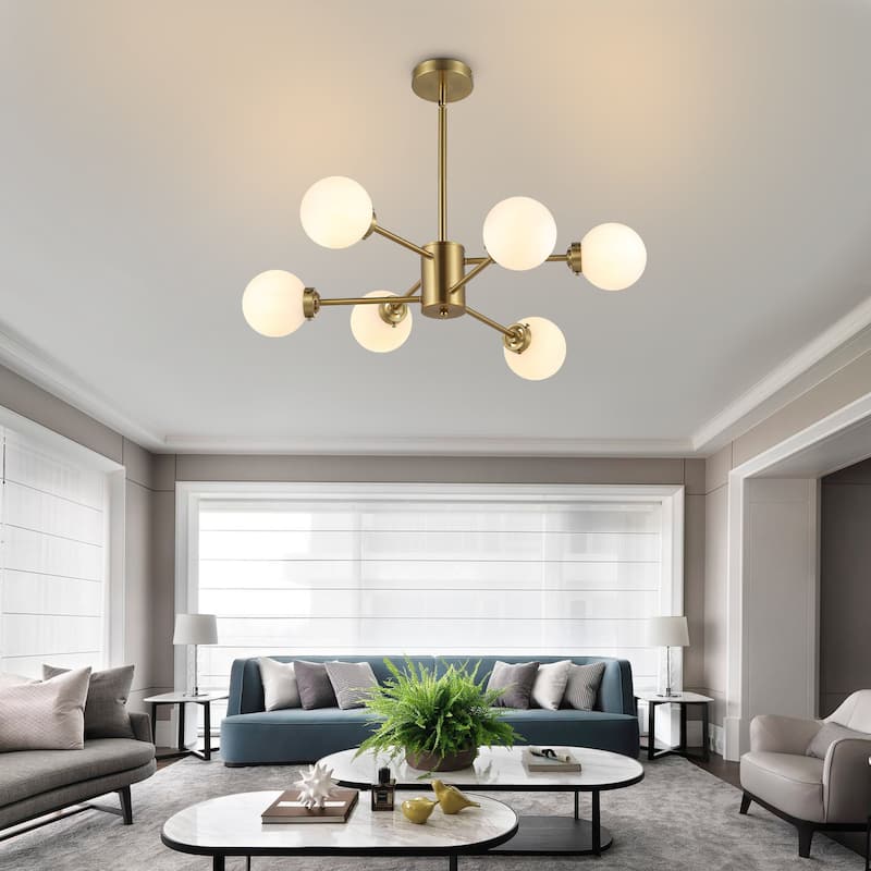 MLiAN 6-Light Sputnik 4.7" Opal Glass Globe Shade Linear Chandelier for Indoor Height Adjustable - N/A - White Glass/Gold