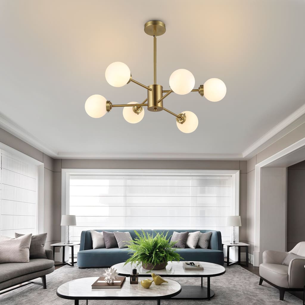 MLiAN 6-Light Sputnik 4.7" Opal Glass Globe Shade Linear Chandelier for Indoor Height Adjustable - N/A