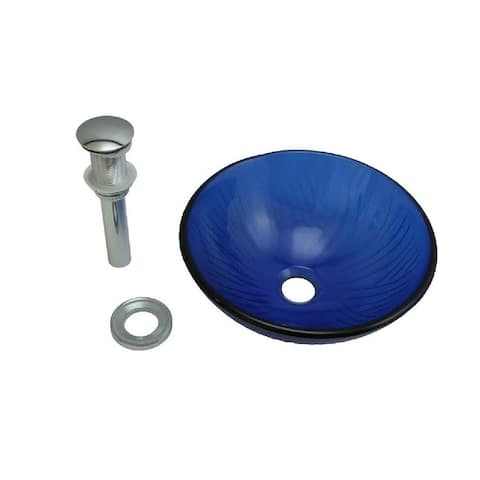 Blue Tempered Glass Round Countertop Bathroom Vessel Sink with Sink Drain Renovators Supply