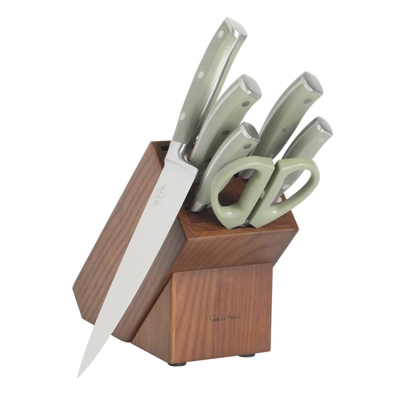 Sur La Table Kitchen Essentials High-Carbon German Steel 7 Piece Forged Cutlery Kitchen Knife Block Set W/ Ashwood Block - Juniper Green