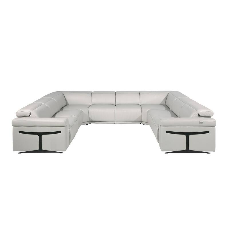 HomeRoots Light Gray Italian Leather Power Reclining U Shaped Eight Piece Corner Sectional With Console