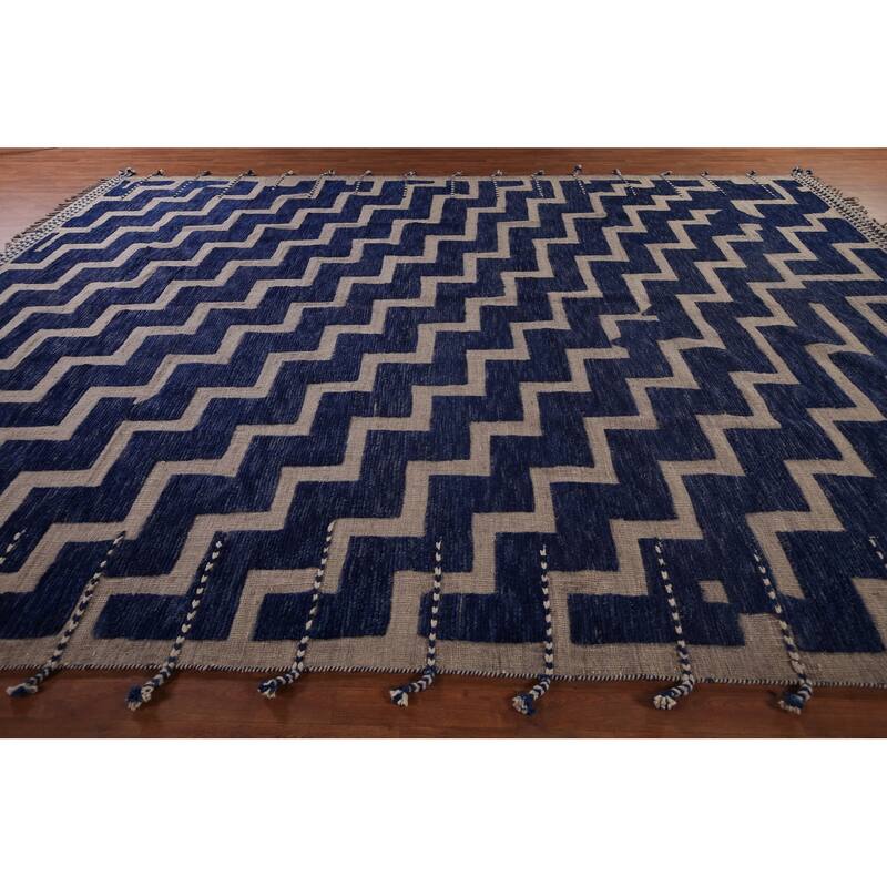 Blue Geometric Moroccan Modern Large Area Rug Hand-Knotted Wool Carpet - 11'8"x 15'6"