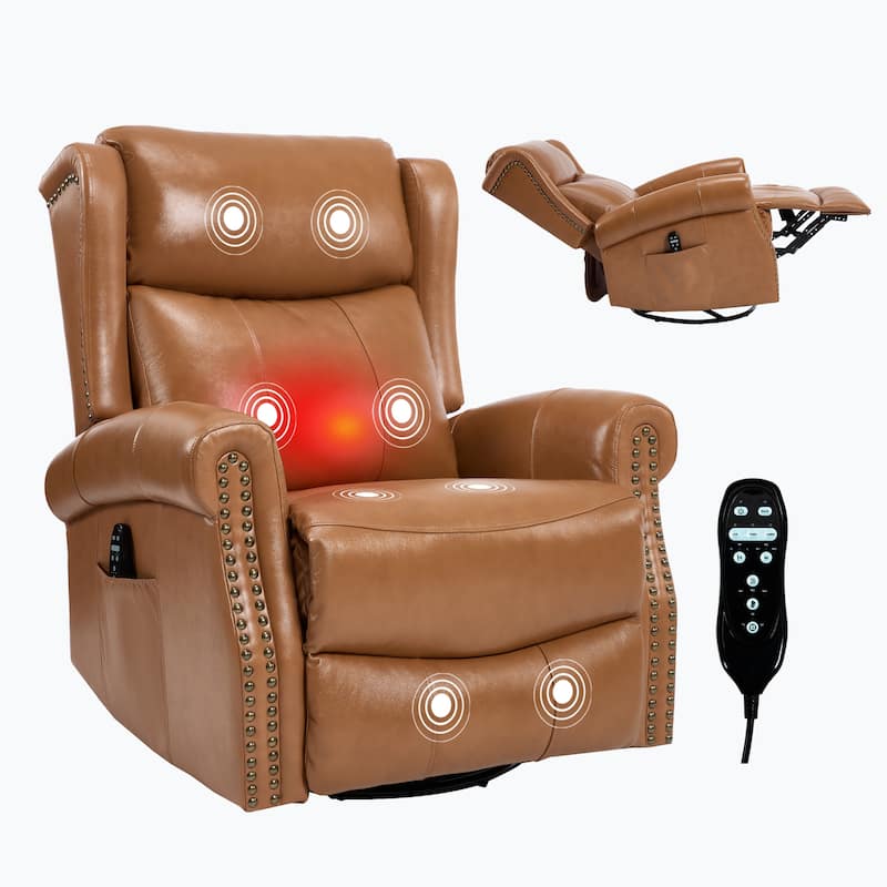 360° Swivel Rocking Recliner with Heat & Massage, Genuine Leather