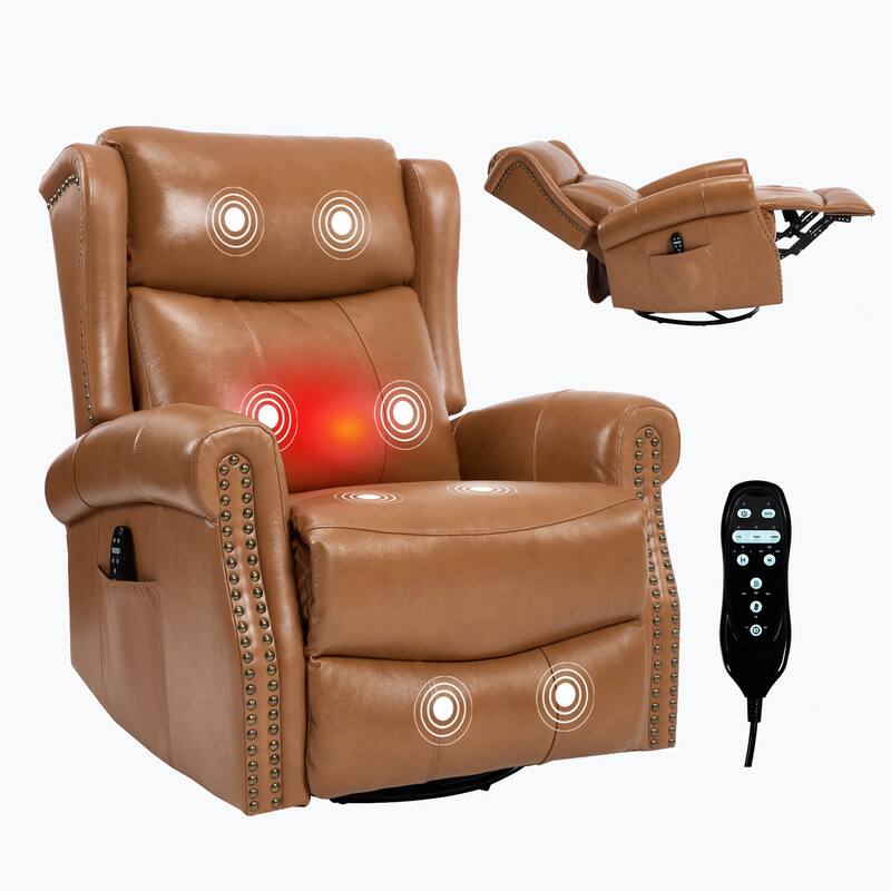 Manual Recliner Chair with Heat & Massage, Genuine Leather Swivel Recliner Chair, Lounge Sofa Chair with Side Pockets