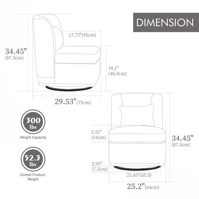 Modern Cushioned Armless Metal Base 360° Swivel Chair with Pillow, Suitable for Living Room