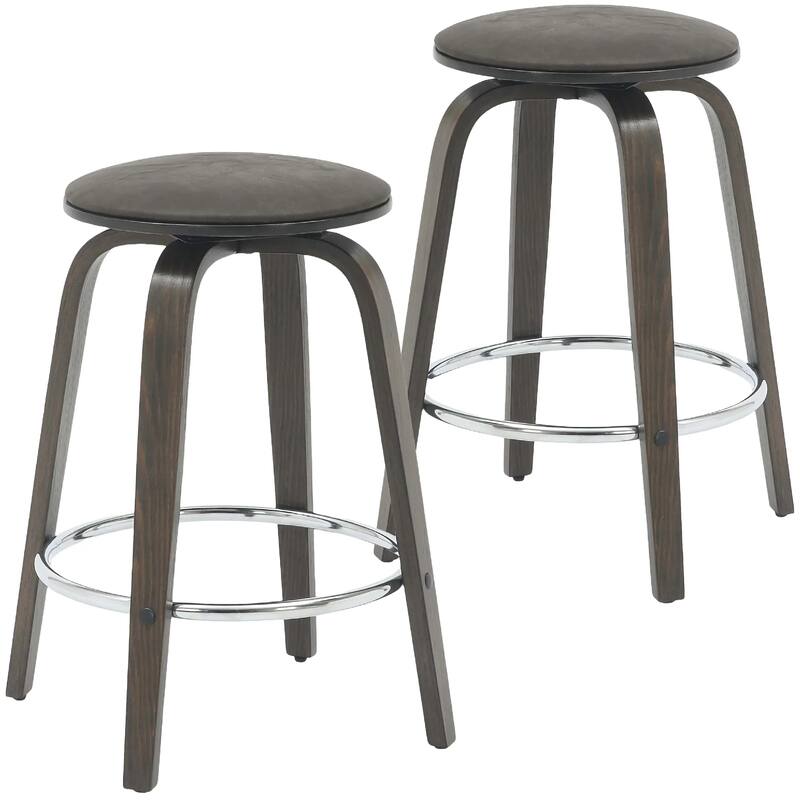Pelya Leather Swivel Round Counter Stool with Wood Legs and Chrome Footrest for Kitchen Island or Dining Area Set of 2 - Dark Walnut/Brown
