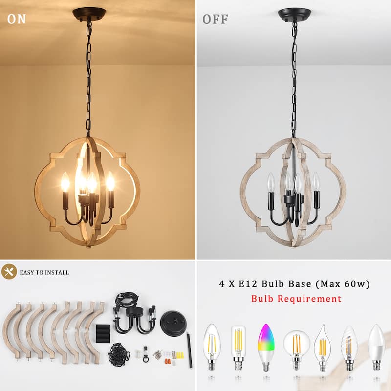 4-Light 16.33"W Wooden Lantern Rustic Chandeliers for Dining Room Kitchen