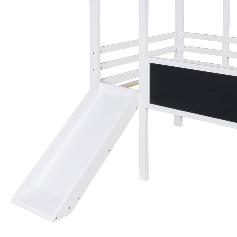 Twin Loft Bed with Slide, Ladder, Blackboard, and Light Strip, White and Gray