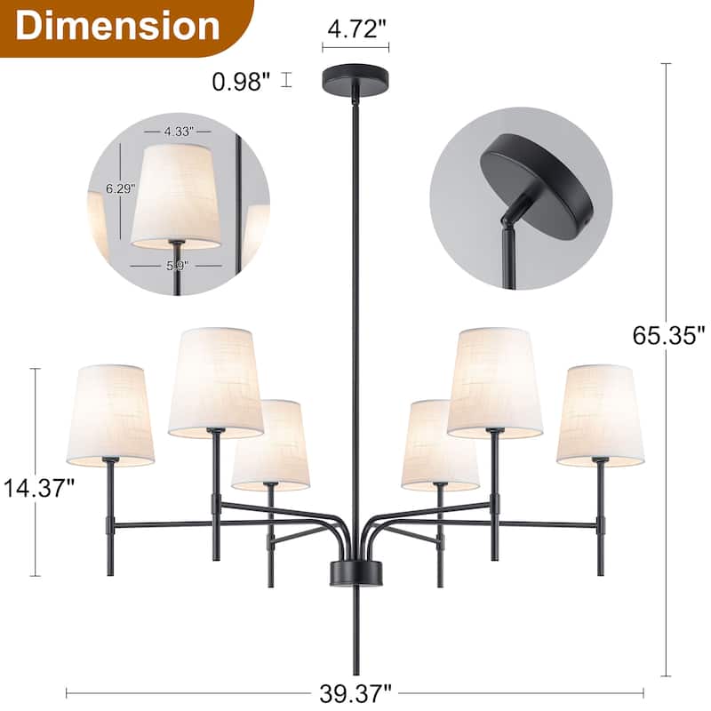 Starsky Transitional & Modern Chandelier with White Fabric Shades - 6-Light - silver