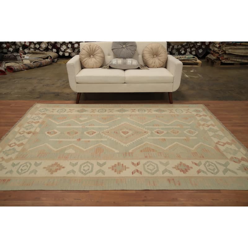 Hand Woven Oriental 100% Wool Carpet Southwestern Tribal Green Kilim Area Rug - 8' 2'' X 5' 10''