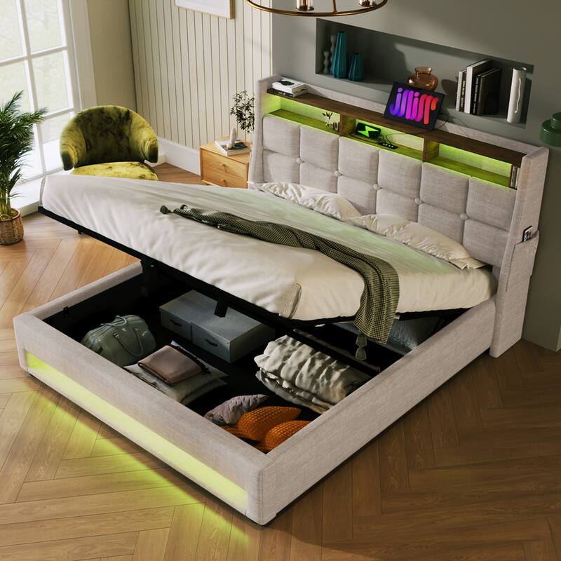 Queen Storage Bed LED Platform Bed with USB Poarts - Natural