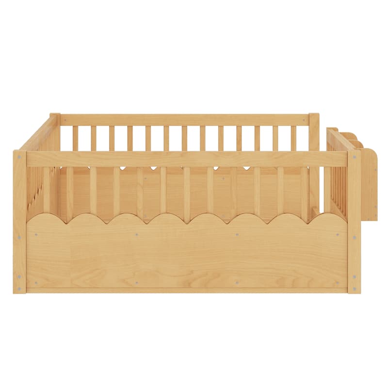 Montessori Floor Bed Kids Bed Frame with Heightened Fence and Bookshelf, Wavy Decoration Wood Platform Bed, No Slats Design