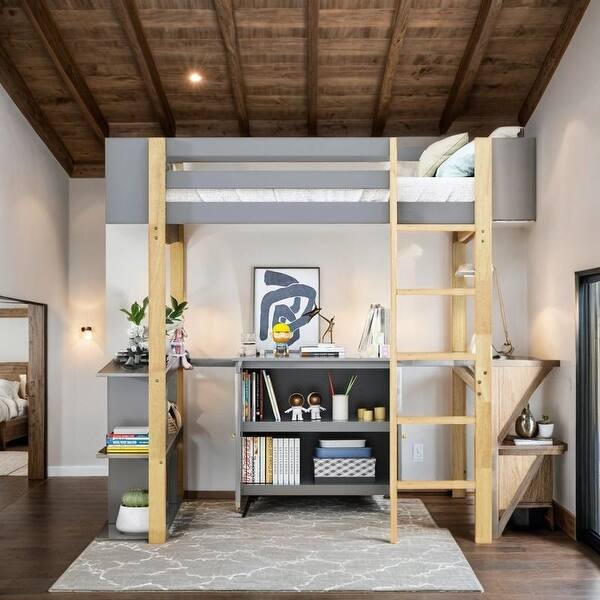 slide 2 of 19, Twin Size Wood Loft Bed With Cabinet and Cubes, Foldable desk, Grey Grey