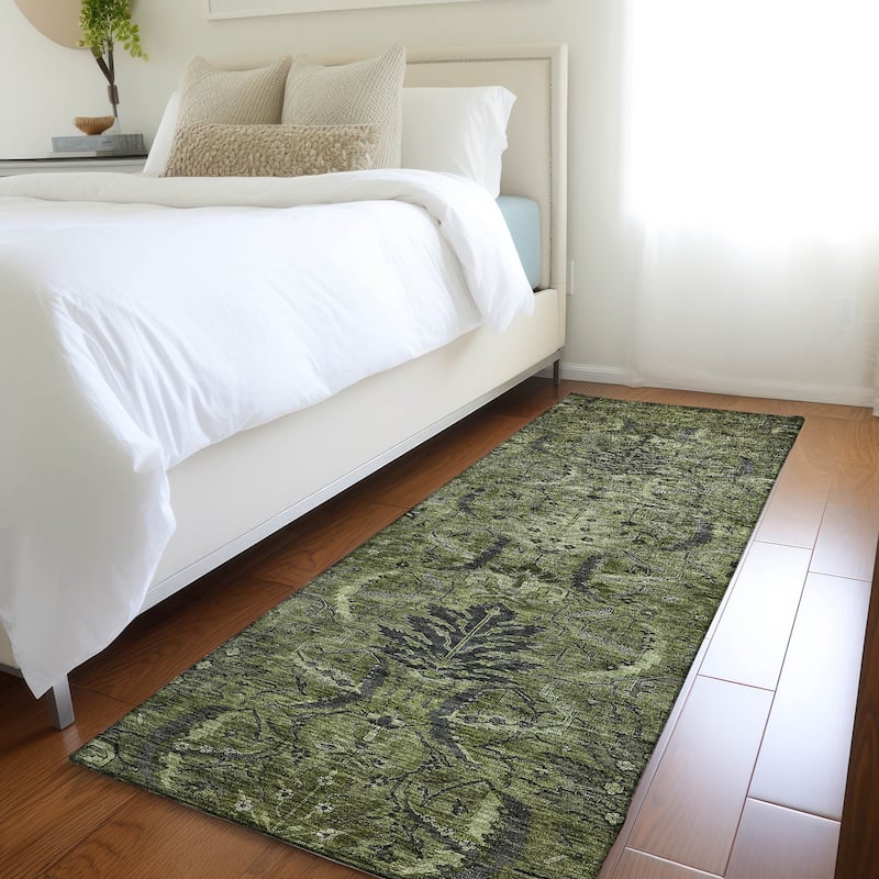 Machine Washable Indoor/ Outdoor Boho Traditional Chantille Rug - Olive - 2'3" x 7'6"