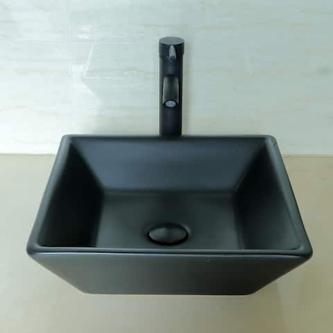 Square Black Ceramic Bathroom Vessel Vanity Sink with ORB Faucet Drain