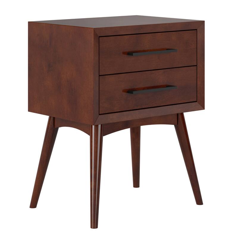 Walnut Solid Wood 2-Drawer Nightstand with Tapered Legs, Sleek Black Handles and Mid-Century Modern Design