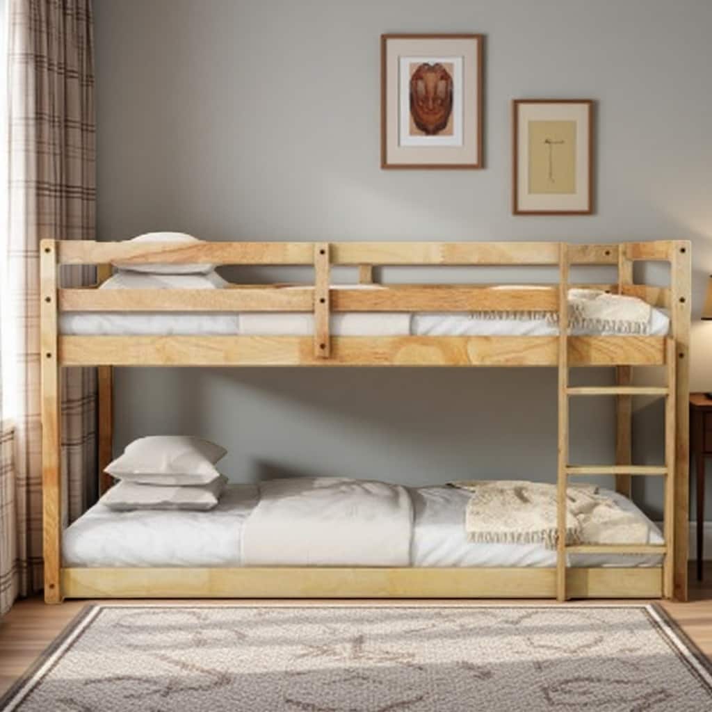 Solid Rubber Wood Twin Over Twin Loft Bed with Ladder, Sturdy Slats for Upper & Lower Bed Platforms