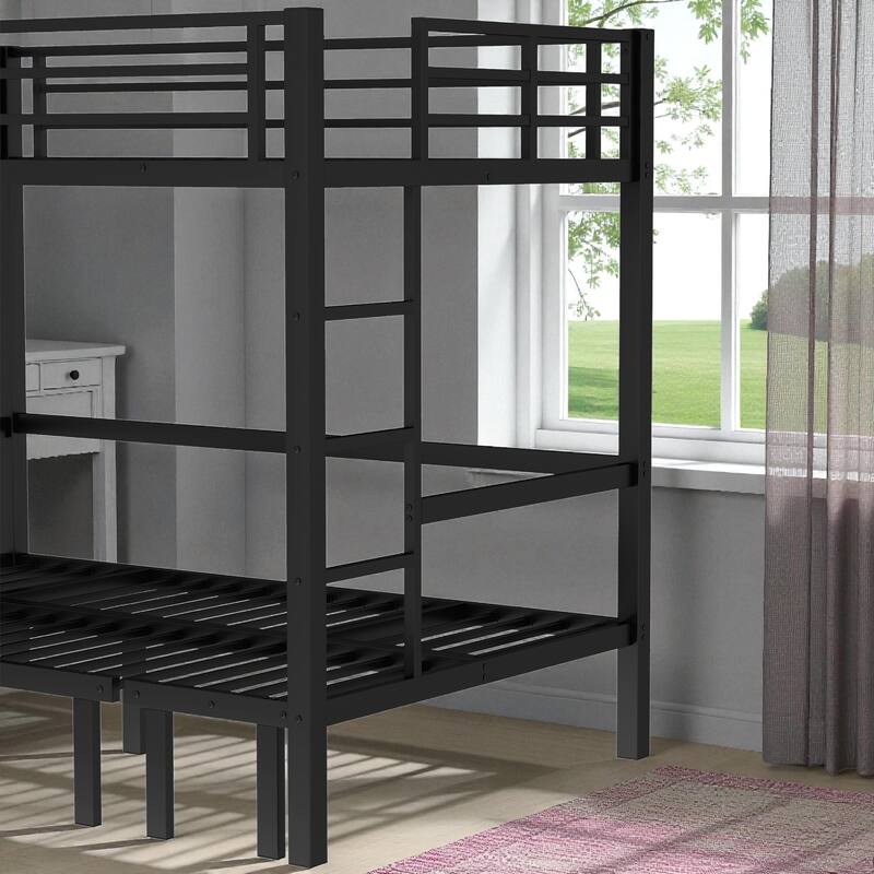 Full over Full / Queen over Queen Metal Bunk Bed with 3-Section Pull-Out Lower Bed and Safety Guardrails