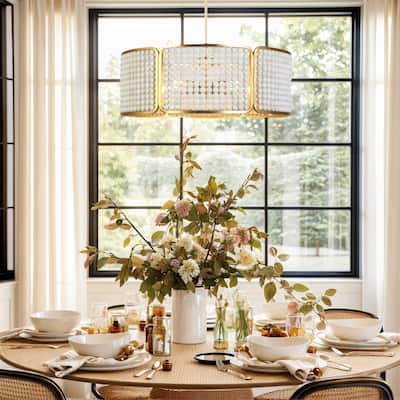 Modern 5-Light White Gold Chandelier with Goldleaf White Wooden Beads for Dining Room - 22 " W × 7.9 " H