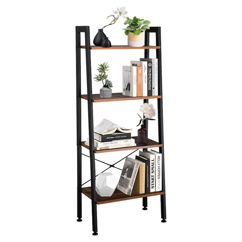 4 Tiers Industrial Ladder Bookcase Storage Rack Shelf Brown