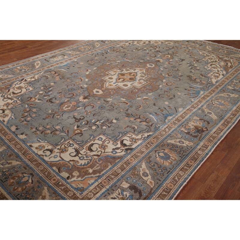 Gray Distressed Tabriz Vintage Persian Area Rug Handmade Wool Carpet - 7'7" x 11'2"